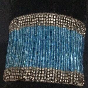 Turquoise & Silver Border Open Back Adjustable Seed Bead Cuff Bracelet. 3 Colors